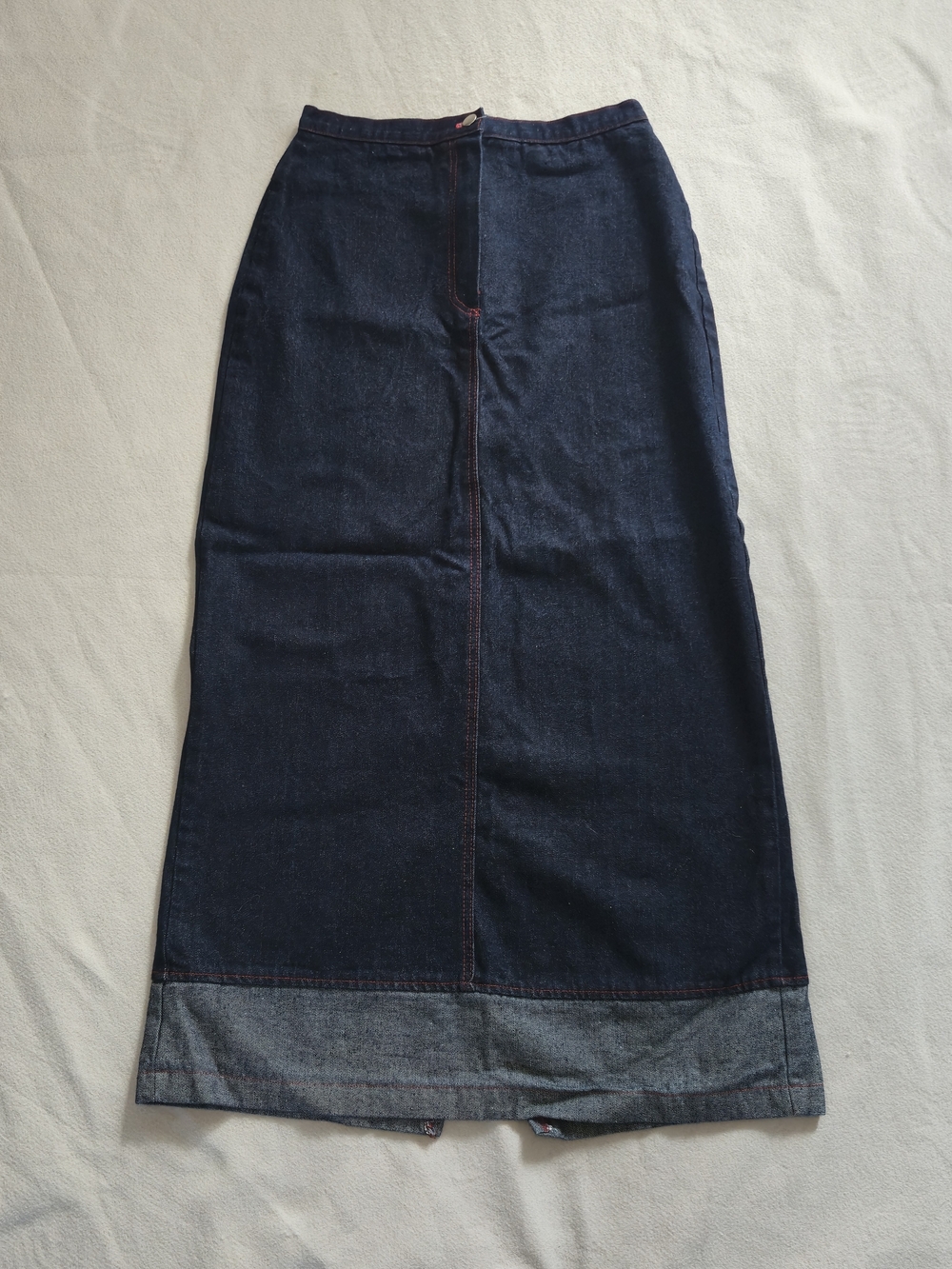 Vintage Siren Dark Wash Denim Maxi Skirt Cotton Red Contrast Stitch USA M